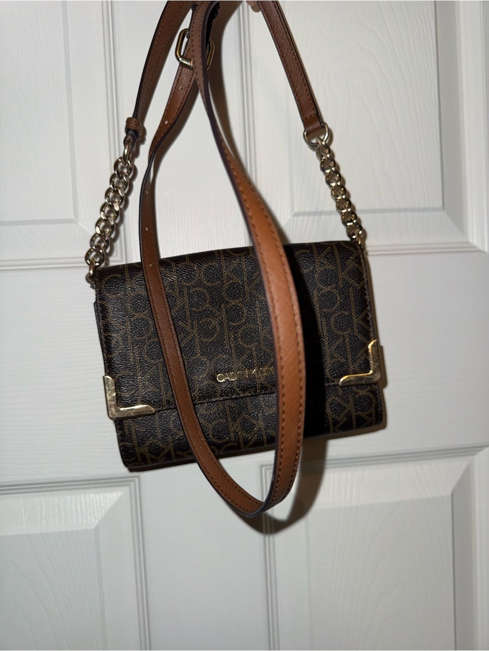 Calvin Klein Brown Monogram Chain-Trim Crossbody